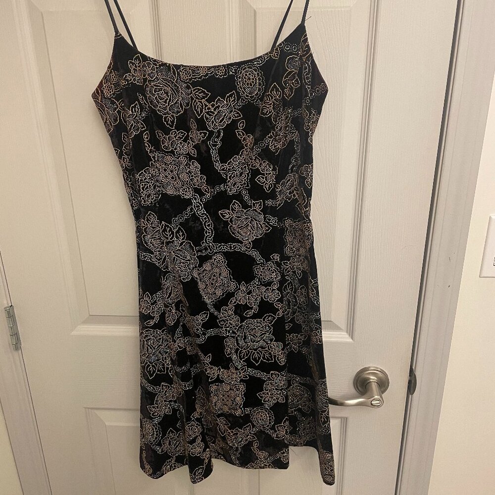 Vintage fit and flare velvet, gold and silver stitched roses mini dress